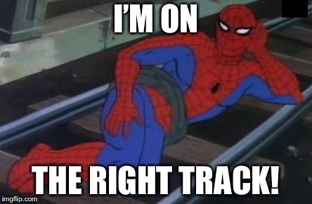Sexy Railroad Spiderman | I’M ON; THE RIGHT TRACK! | image tagged in memes,sexy railroad spiderman,spiderman | made w/ Imgflip meme maker