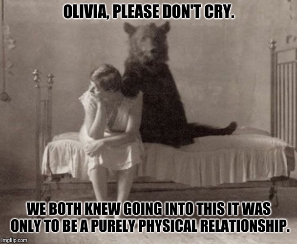 I've Got A Wife And 4 Cubs To Support | OLIVIA, PLEASE DON'T CRY. WE BOTH KNEW GOING INTO THIS IT WAS ONLY TO BE A PURELY PHYSICAL RELATIONSHIP. | image tagged in walk away,breakup,relationship memes,bear | made w/ Imgflip meme maker