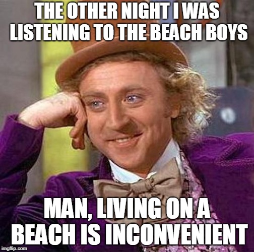 Everybody's gone Surfin' USA | THE OTHER NIGHT I WAS LISTENING TO THE BEACH BOYS; MAN, LIVING ON A BEACH IS INCONVENIENT | image tagged in memes,creepy condescending wonka,the beach boys,funny,music joke,beaches | made w/ Imgflip meme maker
