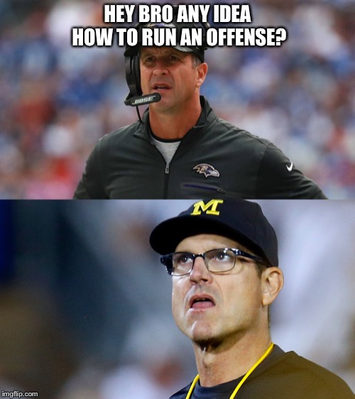 Harbaugh Incompetent Brothers  | HEY BRO ANY IDEA HOW TO RUN AN OFFENSE? | image tagged in jim harbaugh,baltimore ravens,michigan football,ohio state buckeyes,michigan sucks,cleveland browns | made w/ Imgflip meme maker