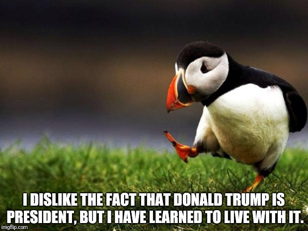 Unpopular Opinion Puffin | I DISLIKE THE FACT THAT DONALD TRUMP IS PRESIDENT, BUT I HAVE LEARNED TO LIVE WITH IT. | image tagged in memes,unpopular opinion puffin | made w/ Imgflip meme maker