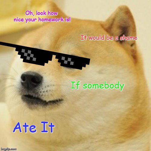 Doge | Oh, look how nice your homework is! It would be a shame; If somebody; Ate It | image tagged in memes,doge | made w/ Imgflip meme maker