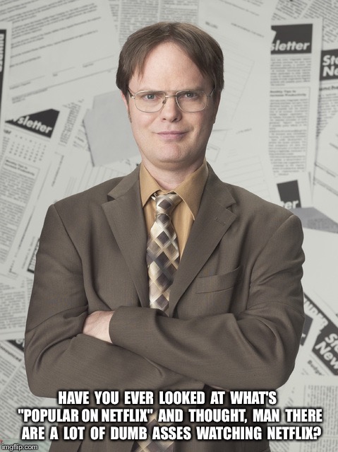 Dwight Schrute 2 Meme | HAVE  YOU  EVER  LOOKED  AT  WHAT'S  "POPULAR ON NETFLIX"  AND  THOUGHT,  MAN  THERE  ARE  A  LOT  OF  DUMB  ASSES  WATCHING  NETFLIX? | image tagged in memes,dwight schrute 2 | made w/ Imgflip meme maker