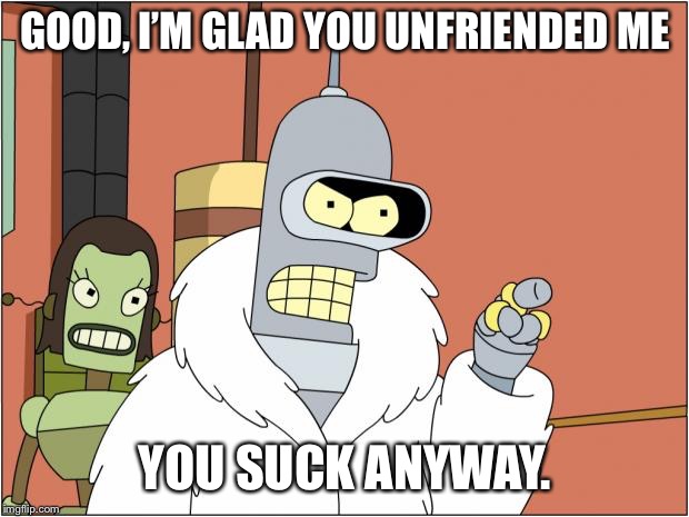 Bender | GOOD, I’M GLAD YOU UNFRIENDED ME; YOU SUCK ANYWAY. | image tagged in memes,bender | made w/ Imgflip meme maker