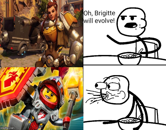 Brigitte Evolution | image tagged in nexo knights,overwatch,brigitte,macy,cereal guy spitting | made w/ Imgflip meme maker