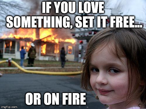 Disaster Girl | IF YOU LOVE SOMETHING, SET IT FREE... OR ON FIRE | image tagged in memes,disaster girl,demotivationals,love,fire | made w/ Imgflip meme maker