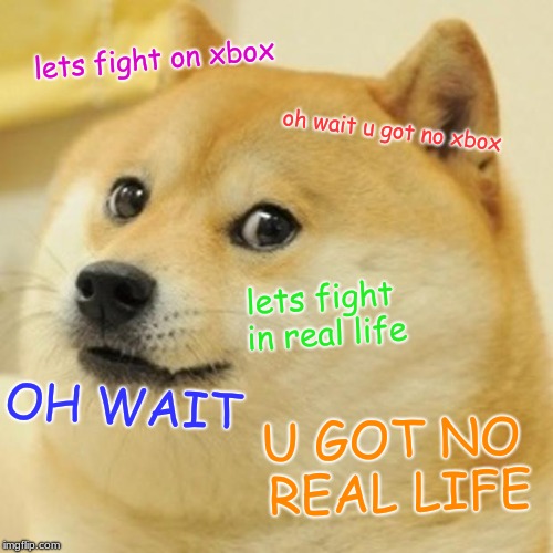 Doge | lets fight on xbox; oh wait u got no xbox; lets fight in real life; OH WAIT; U GOT NO REAL LIFE | image tagged in memes,doge | made w/ Imgflip meme maker
