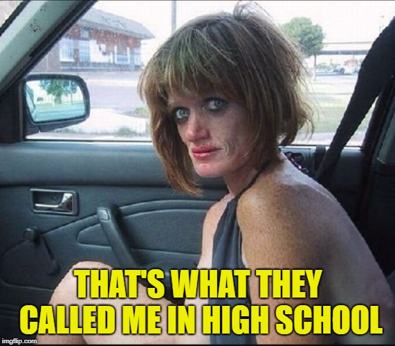 crack whore hooker | THAT'S WHAT THEY CALLED ME IN HIGH SCHOOL | image tagged in crack whore hooker | made w/ Imgflip meme maker