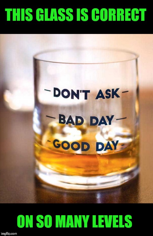 I bet that anyone that has this glass, wouldn't have very many good days...  | THIS GLASS IS CORRECT; ON SO MANY LEVELS | image tagged in memes,funny,good day,bad day,whiskey,alcoholic | made w/ Imgflip meme maker
