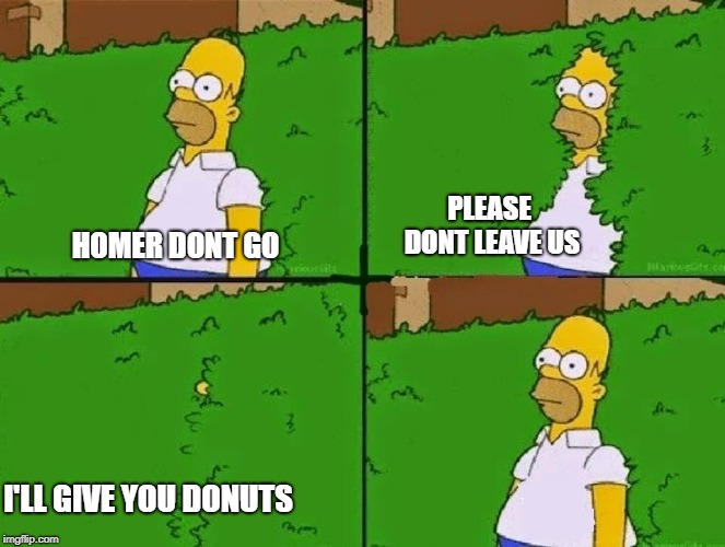 HOMER BUSH | PLEASE DONT LEAVE US; HOMER DONT GO; I'LL GIVE YOU DONUTS | image tagged in homer bush | made w/ Imgflip meme maker