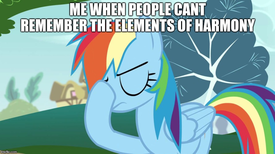 Frustrated MLP | ME WHEN PEOPLE CANT REMEMBER THE ELEMENTS OF HARMONY | image tagged in frustrated mlp | made w/ Imgflip meme maker