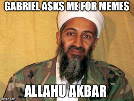 osama bin laden | GABRIEL ASKS ME FOR MEMES; ALLAHU AKBAR | image tagged in osama bin laden | made w/ Imgflip meme maker