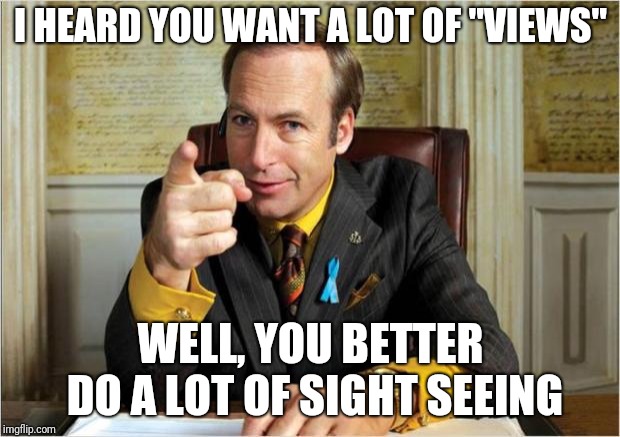 'Cause It ain't happening here. | I HEARD YOU WANT A LOT OF "VIEWS"; WELL, YOU BETTER DO A LOT OF SIGHT SEEING | image tagged in better call saul | made w/ Imgflip meme maker