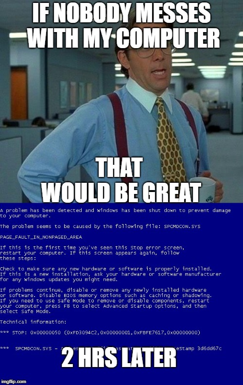 IF NOBODY MESSES WITH MY COMPUTER; THAT WOULD BE GREAT; 2 HRS LATER | image tagged in memes,that would be great,win xp bsod | made w/ Imgflip meme maker