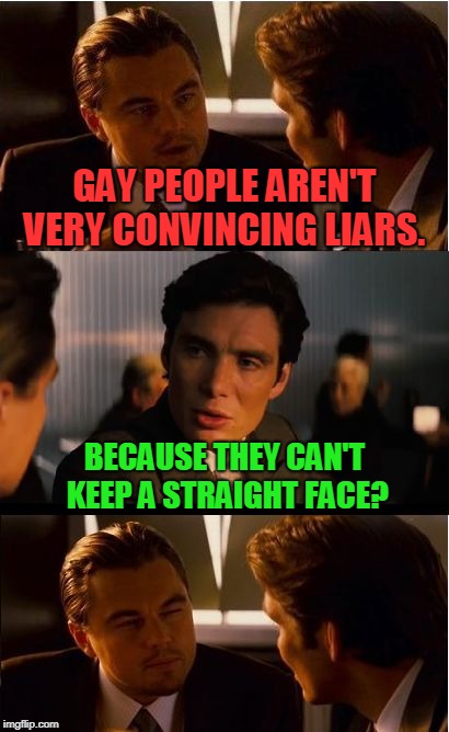 bad pun Sunday!  | GAY PEOPLE AREN'T VERY CONVINCING LIARS. BECAUSE THEY CAN'T KEEP A STRAIGHT FACE? | image tagged in memes,inception,nixieknox | made w/ Imgflip meme maker