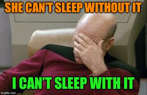 Captain Picard Facepalm Meme | SHE CAN’T SLEEP WITHOUT IT I CAN’T SLEEP WITH IT | image tagged in memes,captain picard facepalm | made w/ Imgflip meme maker
