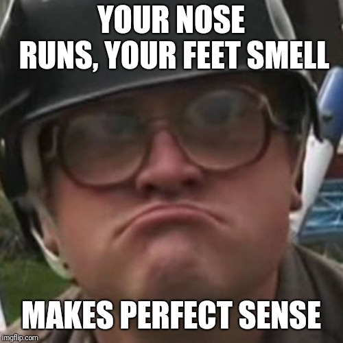 Smelly feet runny nose | YOUR NOSE RUNS, YOUR FEET SMELL; MAKES PERFECT SENSE | image tagged in makes sense,nose,feet,run,smell | made w/ Imgflip meme maker
