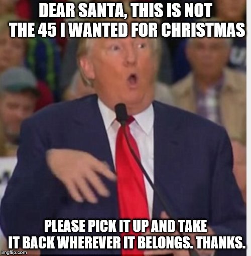 Besides, this one is obviously defective! | DEAR SANTA, THIS IS NOT THE 45 I WANTED FOR CHRISTMAS; PLEASE PICK IT UP AND TAKE IT BACK WHEREVER IT BELONGS. THANKS. | image tagged in donald trump tho,dump trump,donald trump is an idiot | made w/ Imgflip meme maker