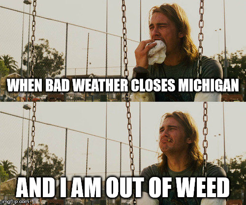 First World Stoner Problems | WHEN BAD WEATHER CLOSES MICHIGAN; AND I AM OUT OF WEED | image tagged in memes,first world stoner problems | made w/ Imgflip meme maker