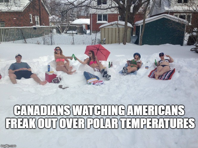 Canadians watching Americans freak out about the weather | CANADIANS WATCHING AMERICANS FREAK OUT OVER POLAR TEMPERATURES | image tagged in meanwhile in canada,america vs canada,polar vortex,freezing cold,winter,winter is here | made w/ Imgflip meme maker