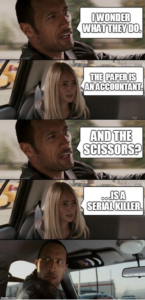 I WONDER WHAT THEY DO. THE  PAPER IS AN ACCOUNTANT. AND THE SCISSORS? . . .IS A SERIAL KILLER. | made w/ Imgflip meme maker