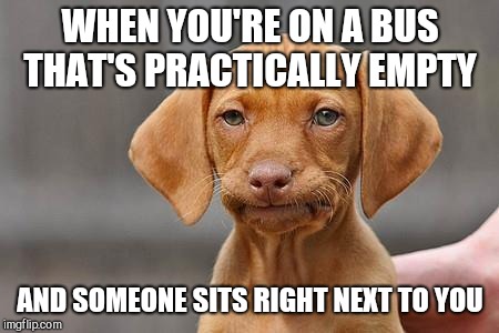 Dissapointed puppy | WHEN YOU'RE ON A BUS THAT'S PRACTICALLY EMPTY; AND SOMEONE SITS RIGHT NEXT TO YOU | image tagged in dissapointed puppy | made w/ Imgflip meme maker