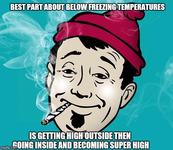 BEST PART ABOUT BELOW FREEZING TEMPERATURES; IS GETTING HIGH OUTSIDE THEN GOING INSIDE AND BECOMING SUPER HIGH | image tagged in stoner | made w/ Imgflip meme maker