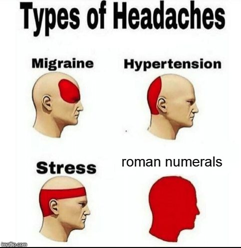 Types of Headaches meme | roman numerals | image tagged in types of headaches meme | made w/ Imgflip meme maker