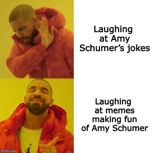Drake Hotline Approves | Laughing at Amy Schumer’s jokes; Laughing at memes making fun of Amy Schumer | image tagged in drake blank,drake hotline approves,amy schumer,memes,funny | made w/ Imgflip meme maker
