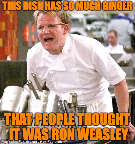 Chef Gordon Ramsay | THIS DISH HAS SO MUCH GINGER; THAT PEOPLE THOUGHT IT WAS RON WEASLEY | image tagged in memes,chef gordon ramsay,funny,memelord344,ginger,ron weasley | made w/ Imgflip meme maker