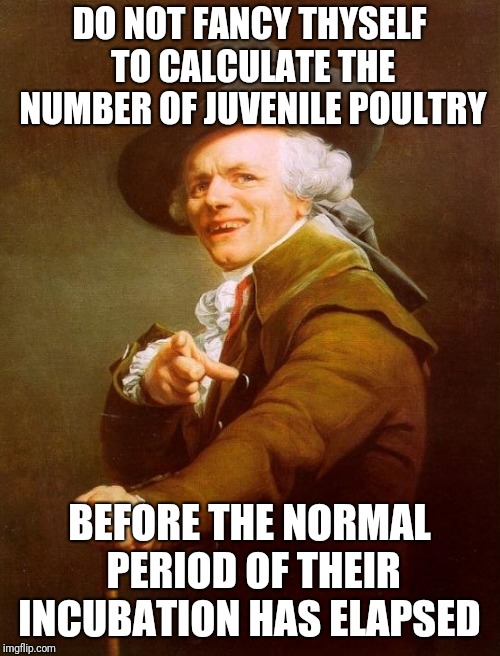 Words of wisdom ;-) | DO NOT FANCY THYSELF TO CALCULATE THE NUMBER OF JUVENILE POULTRY; BEFORE THE NORMAL PERIOD OF THEIR INCUBATION HAS ELAPSED | image tagged in memes,joseph ducreux,hot chicks,congratulations gold dick award,no fun,dank meme | made w/ Imgflip meme maker