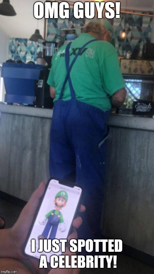 I threw a turtle shell at him.  Didn't Dodge it.  Must be getting old.   | OMG GUYS! I JUST SPOTTED A CELEBRITY! | image tagged in luigi,celebrity,i see you,funny | made w/ Imgflip meme maker