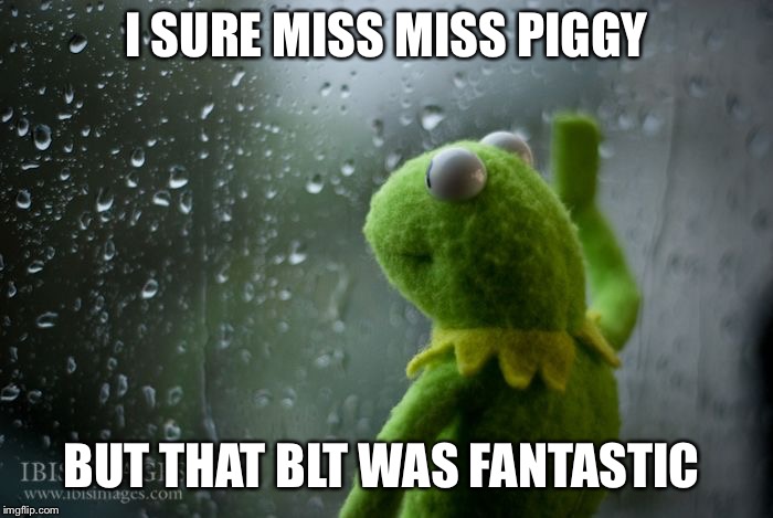I mIss Piggy | I SURE MISS MISS PIGGY; BUT THAT BLT WAS FANTASTIC | image tagged in kermit window,bacon,miss piggy,blt | made w/ Imgflip meme maker
