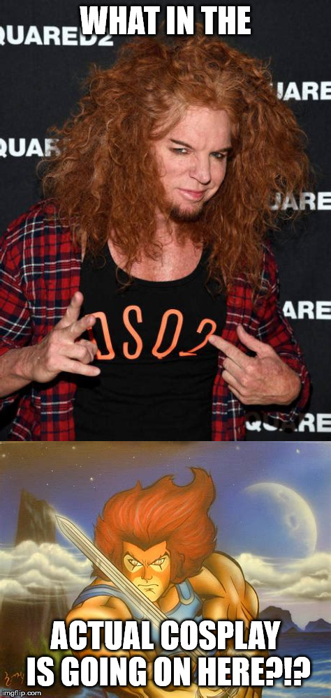 by the power of meow mix! | WHAT IN THE; ACTUAL COSPLAY IS GOING ON HERE?!? | image tagged in thundercats,doppelgnger,ginger,carrot topp | made w/ Imgflip meme maker