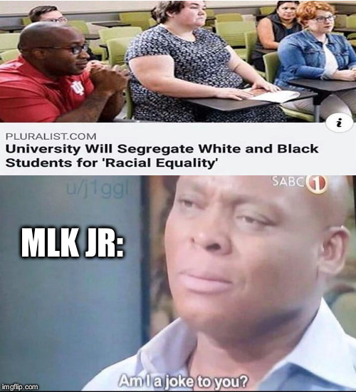 What happened to our society? | MLK JR: | image tagged in am i a joke to you,mlk,mlk jr,black lives matter,segregation,college | made w/ Imgflip meme maker