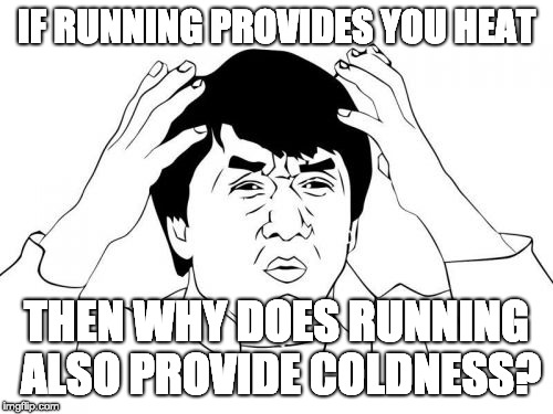 How Does This Even Make Sense? | IF RUNNING PROVIDES YOU HEAT; THEN WHY DOES RUNNING ALSO PROVIDE COLDNESS? | image tagged in memes,jackie chan wtf | made w/ Imgflip meme maker