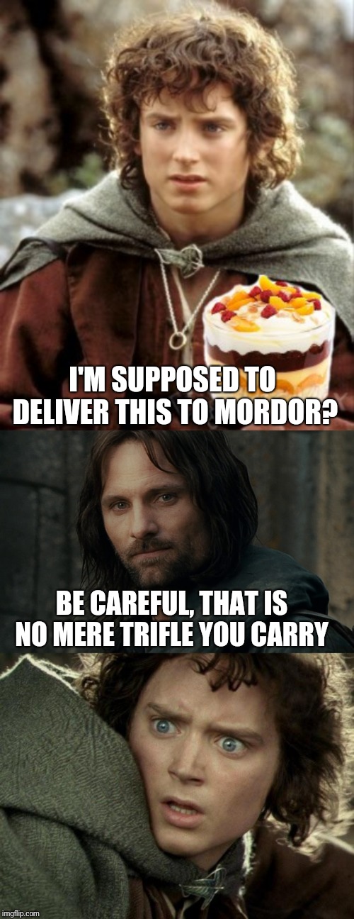 The moment Everything came into perspective | I'M SUPPOSED TO DELIVER THIS TO MORDOR? BE CAREFUL, THAT IS NO MERE TRIFLE YOU CARRY | image tagged in aragorn,dessert,surpised frodo,lord of the rings,weird guy | made w/ Imgflip meme maker