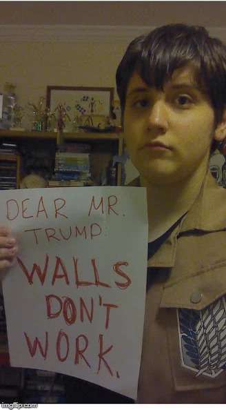 Dear Mr. Trump...Walls don't work. | image tagged in trump,attack on titan,anime,lol,aot | made w/ Imgflip meme maker