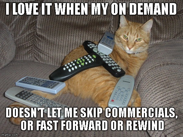 remotely funny | I LOVE IT WHEN MY ON DEMAND DOESN'T LET ME SKIP COMMERCIALS, OR FAST FORWARD OR REWIND | image tagged in remotely funny | made w/ Imgflip meme maker