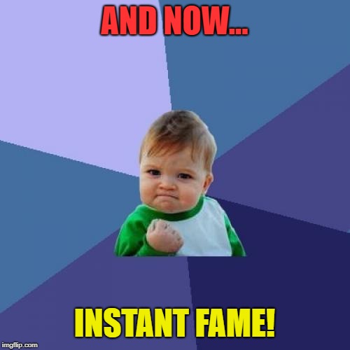 AND NOW... INSTANT FAME! | image tagged in memes,success kid | made w/ Imgflip meme maker