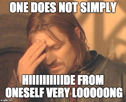 Frustrated Boromir | ONE DOES NOT SIMPLY; HIIIIIIIIIIDE FROM ONESELF VERY LOOOOONG | image tagged in memes,frustrated boromir | made w/ Imgflip meme maker