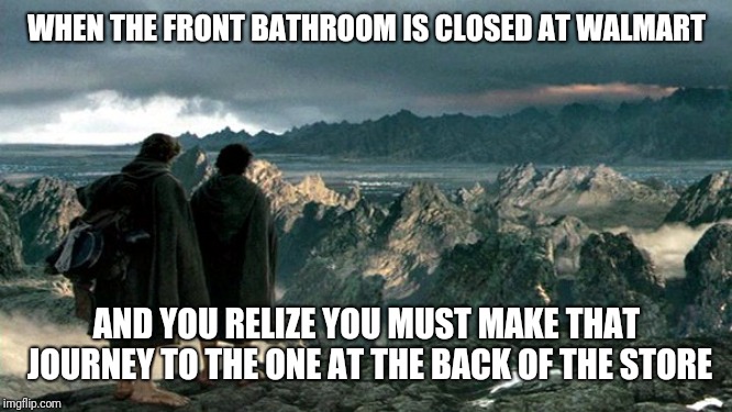 The Great and Treacherous Journey | WHEN THE FRONT BATHROOM IS CLOSED AT WALMART; AND YOU RELIZE YOU MUST MAKE THAT JOURNEY TO THE ONE AT THE BACK OF THE STORE | image tagged in lord of the rings,walmart,bathroom,funny,memes,frodo sam mordor | made w/ Imgflip meme maker