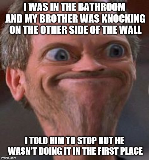 Unwanted House Guest strikes again | I WAS IN THE BATHROOM AND MY BROTHER WAS KNOCKING ON THE OTHER SIDE OF THE WALL; I TOLD HIM TO STOP BUT HE WASN'T DOING IT IN THE FIRST PLACE | image tagged in dr house hmm | made w/ Imgflip meme maker