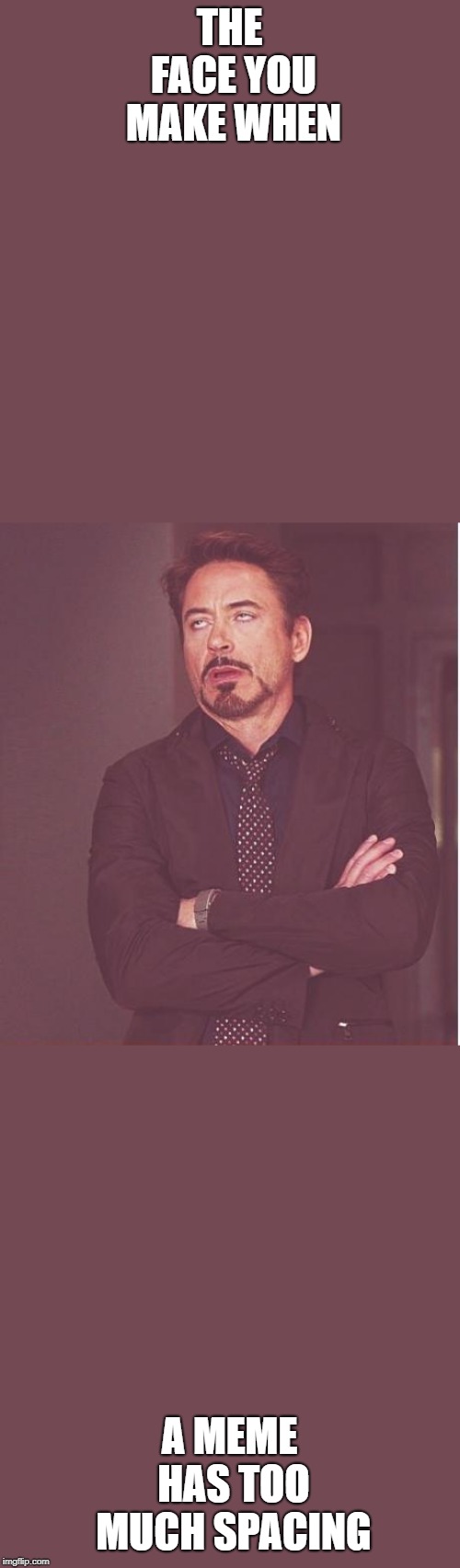 Face You Make Robert Downey Jr | THE FACE YOU MAKE WHEN; A MEME HAS TOO MUCH SPACING | image tagged in memes,face you make robert downey jr | made w/ Imgflip meme maker