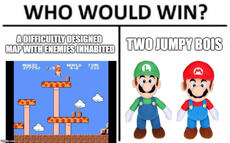 Mario luigi vs map | A DIFFICULTLY DESIGNED MAP WITH ENEMIES INHABITED; TWO JUMPY BOIS | image tagged in memes,who would win,mario,luigi,super mario bros | made w/ Imgflip meme maker