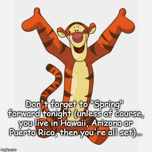 Spring Forward... | Don't forget to "Spring" forward tonight (unless of course, you live in Hawaii, Arizona or Puerto Rico, then you're all set)... | image tagged in spring,tigger,time change | made w/ Imgflip meme maker