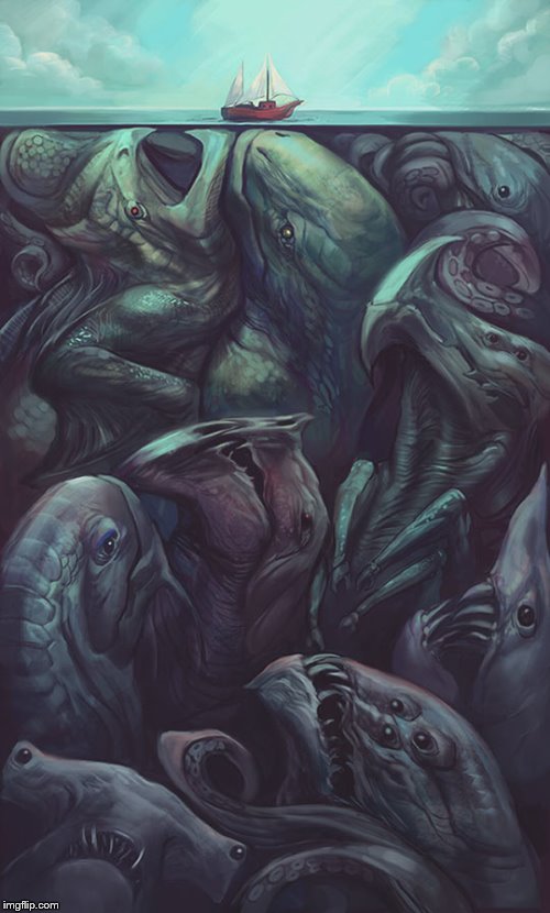 Beneath The Surface | image tagged in sea monsters,the sea,ship,creepy,art | made w/ Imgflip meme maker