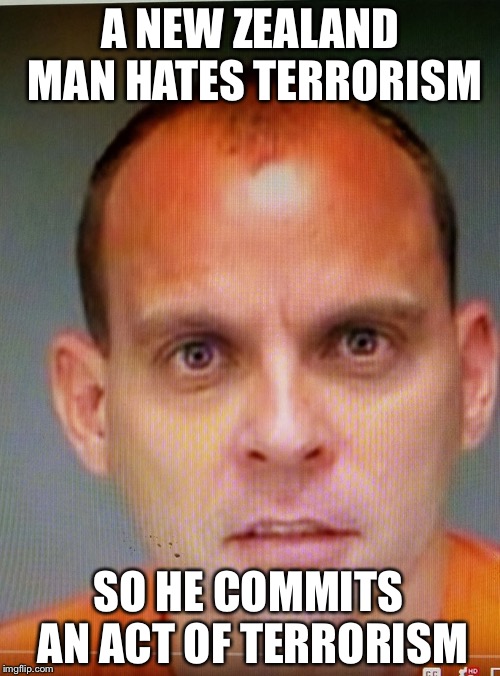 Florida Man needs a straw | A NEW ZEALAND MAN HATES TERRORISM; SO HE COMMITS AN ACT OF TERRORISM | image tagged in florida man needs a straw,memes,funny,a new zealand man,terrorism | made w/ Imgflip meme maker