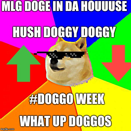 Advice Doge | MLG DOGE IN DA HOUUUSE; HUSH DOGGY DOGGY; #DOGGO WEEK; WHAT UP DOGGOS | image tagged in memes,mlg doge,doggo week,rainbow doge | made w/ Imgflip meme maker