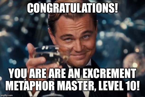 CONGRATULATIONS! YOU ARE ARE AN EXCREMENT METAPHOR MASTER, LEVEL 10! | image tagged in memes,leonardo dicaprio cheers | made w/ Imgflip meme maker